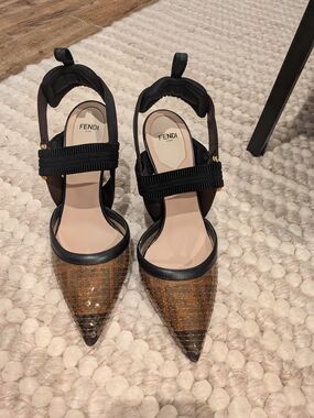 Fendi Colibri Black and Brown Sequined Pointed-Toe Ankle-Strap Pumps
